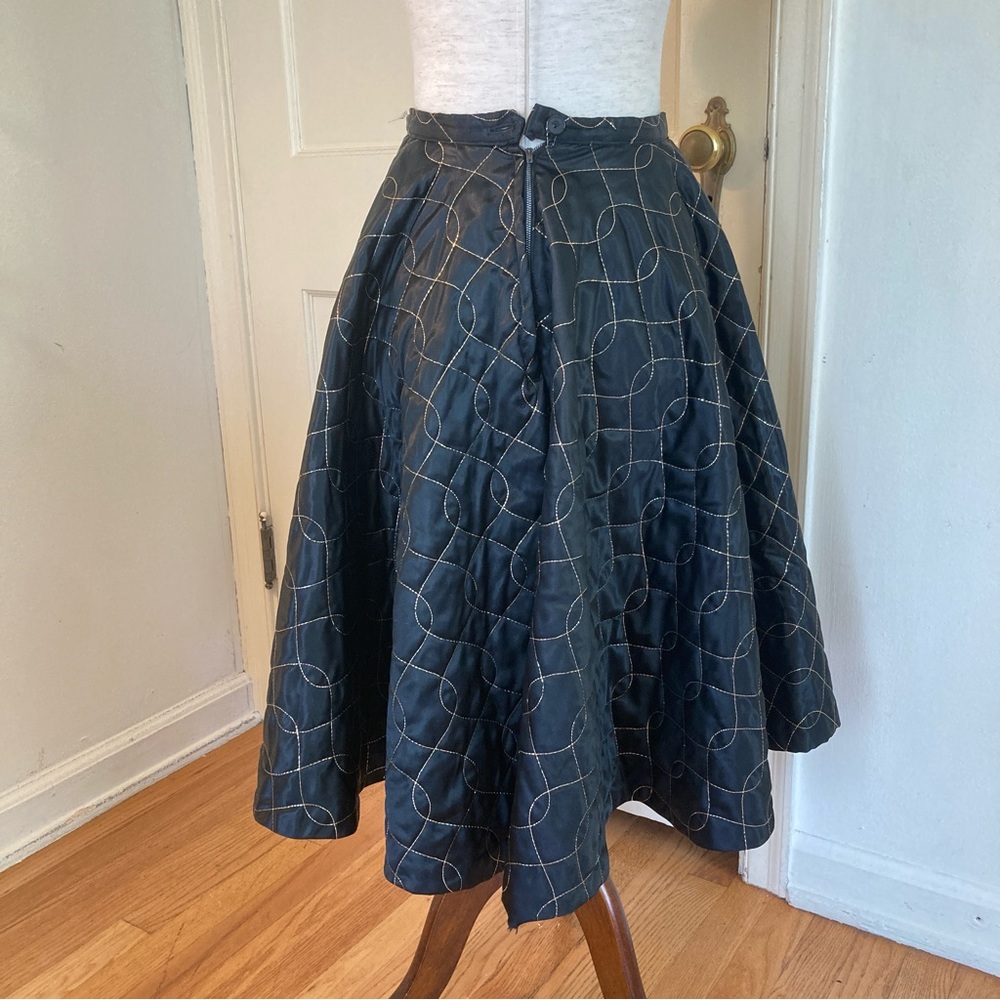 Vintage 50s Embroidered Quilted Circle Skirt Black & Gold Satin XS